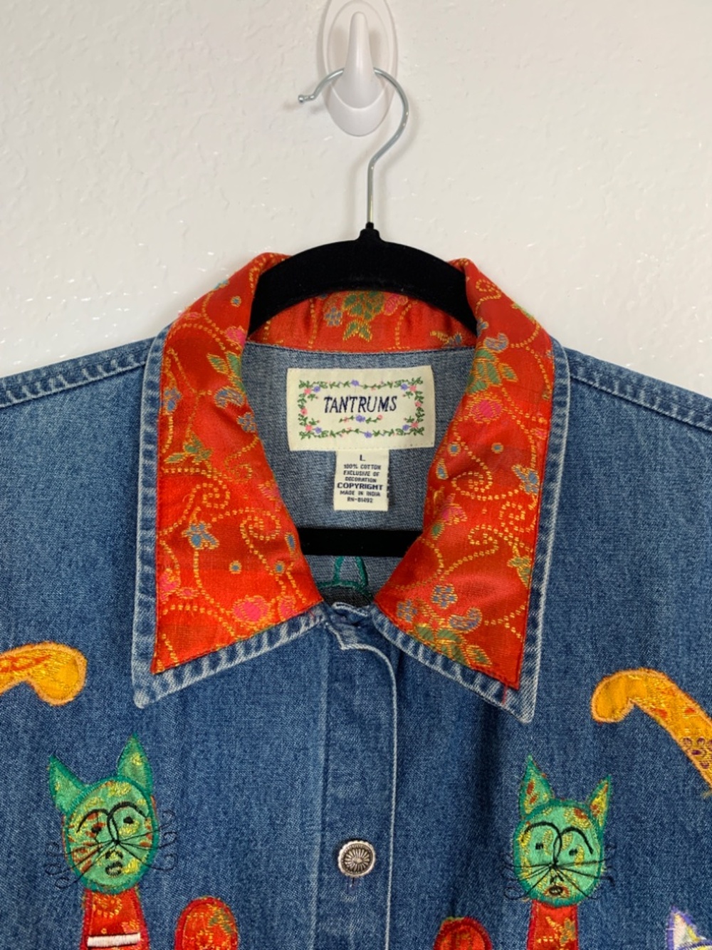 Tantrums Denim Jacket Women's Large Appliqué Cats Asian Flair Whimsical Artsy - Picture 4 of 16